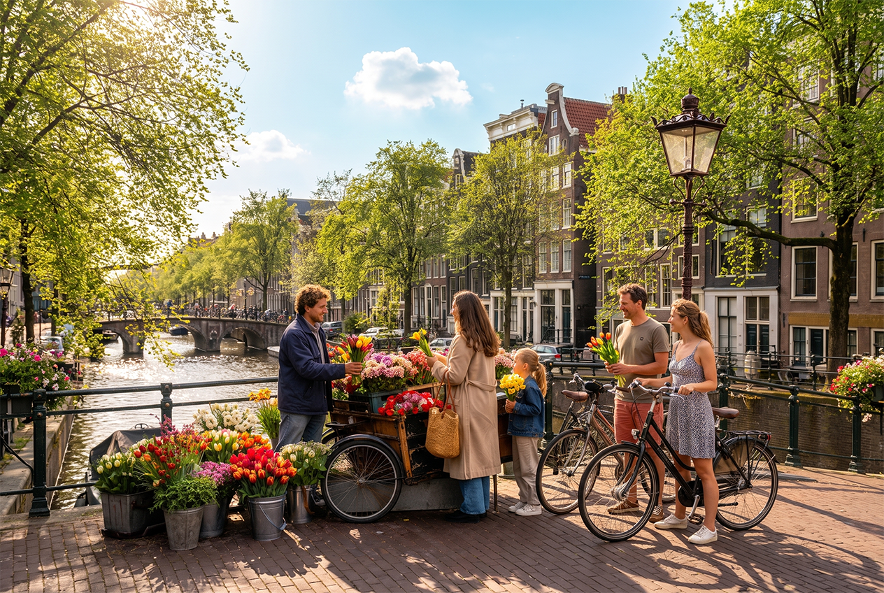 Tourguide geeft uitleg aan een kleine groep deelnemers tijdens een fietstour op een historische Amsterdamse brug met uitzicht over de grachten.
