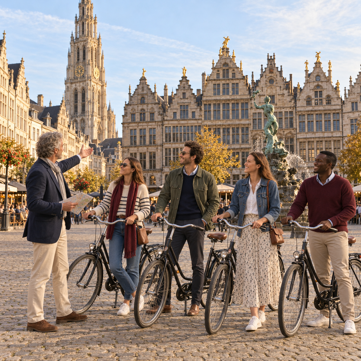 Tourguide en deelnemers bekijken samen een gepersonaliseerde routekaart tijdens een stop aan een Amsterdamse gracht, terwijl de gids uitleg geeft over de volgende locaties van de tour.