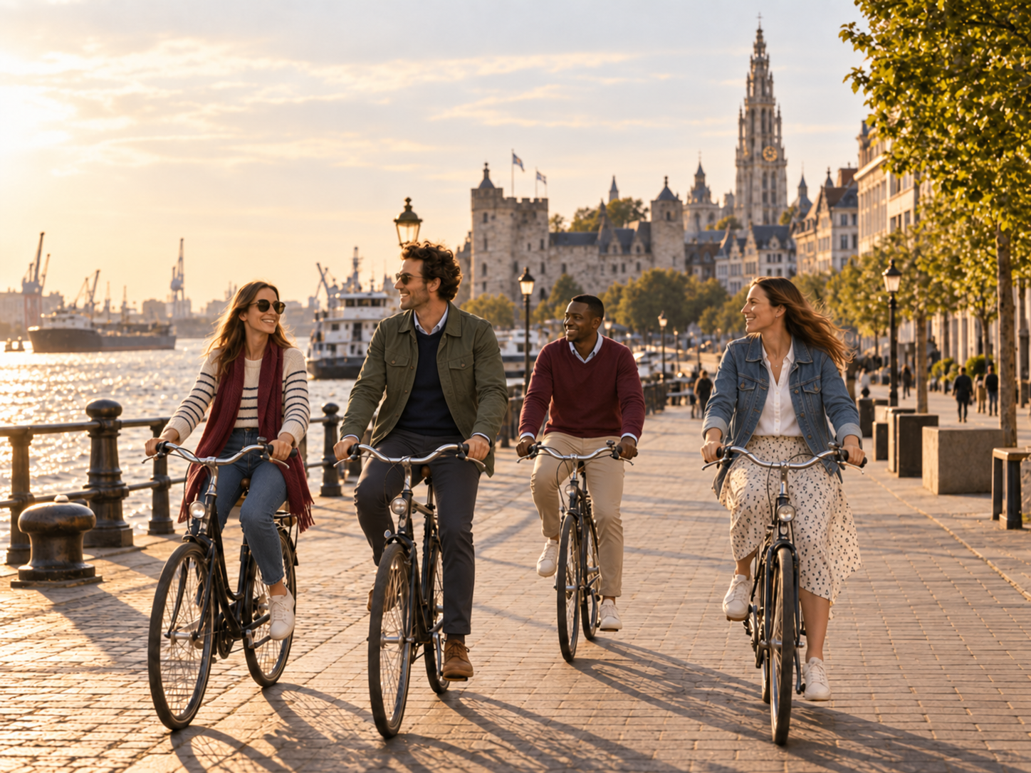 Deelnemers genieten van een authentieke lunch aan een Amsterdamse gracht terwijl de tourguide verhalen vertelt over de stad. Op de achtergrond zijn fietsen, historische panden en een karakteristieke brug zichtbaar.