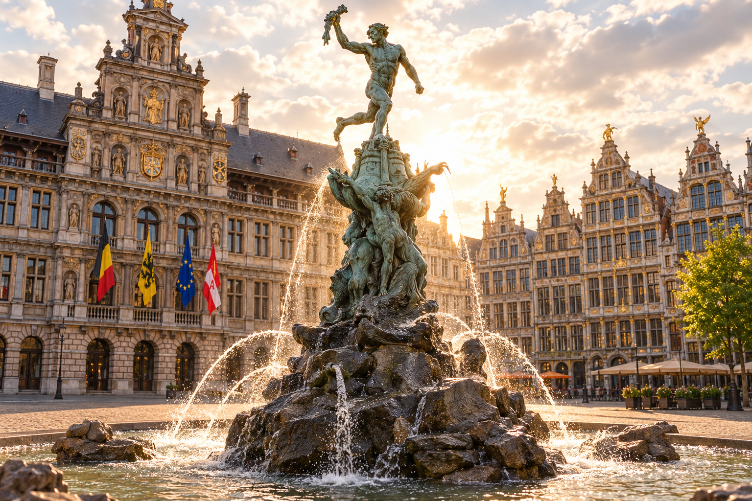 Schelde met herkenbare skyline, Onze-Lieve-Vrouwekathedraal en eventueel Het Steen Tourguide geeft uitleg aan een kleine groep deelnemers tijdens een fietstour op een historische Amsterdamse brug met uitzicht over de grachten.