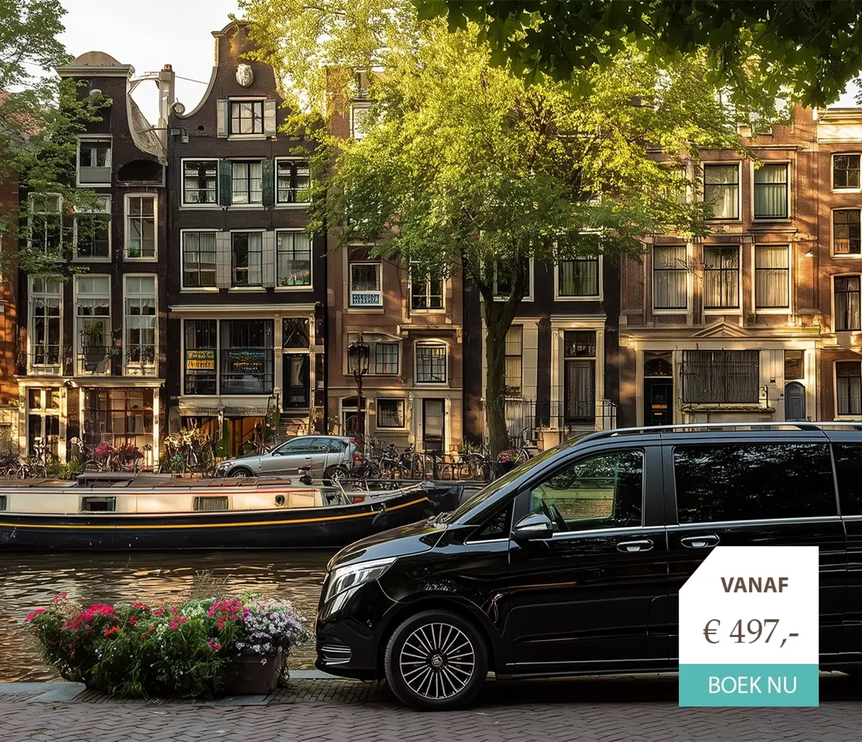 Luxe zwarte Mercedes personenbus aan de Seine in Parijs met de verlichte Eiffeltoren op de achtergrond.